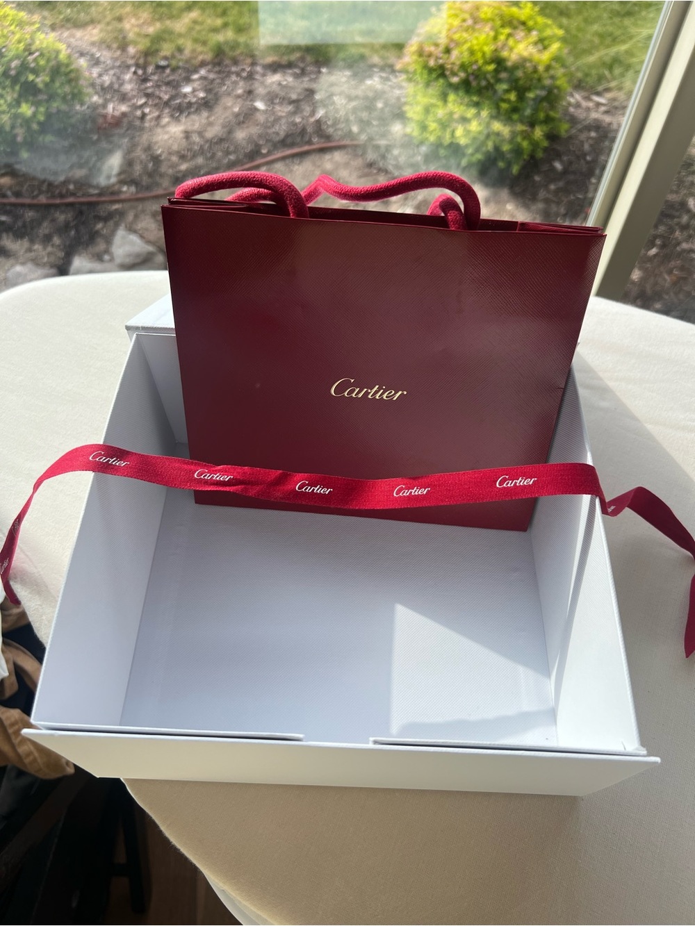 Cartier White Square Paper Gift Box w/ Lid + Red Gift Bag & Ribbon